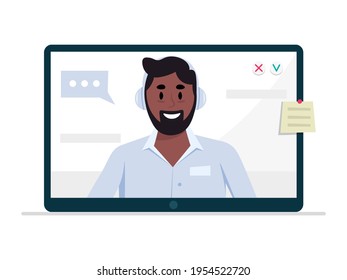 Video call. Man using computer for online video chat with friends, learning or remote working from home. Vector illustration.