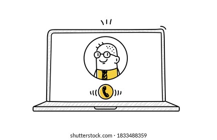 Video call. Man call, work from home concept. Hand drawn vector illustration.