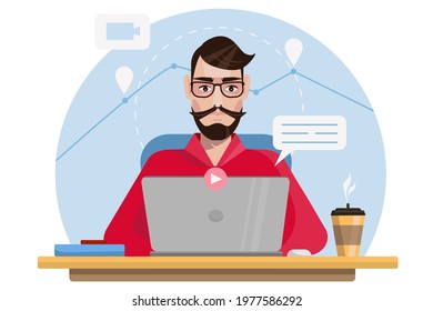 
Video call. A manager with a laptop solves complex tasks. Vector illustration in cartoon style.