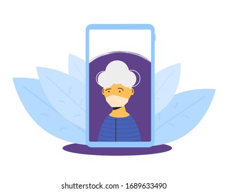 Video call. Mature woman on phone screen talking with her family. Female senior person in medical mask. Social distancing and self-isolation during coronavirus quarantine. Vector flat illustration.