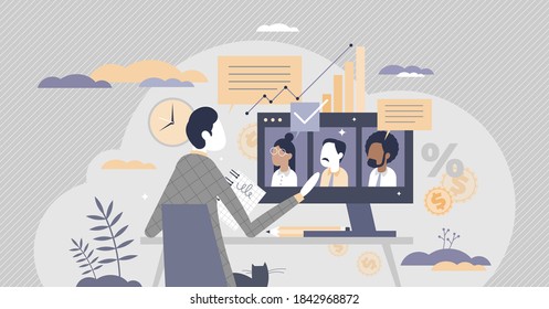 Video call meeting as company business online appointment tiny person concept. Distant job communication about financial profit data vector illustration. Formal group talking with employees and boss.