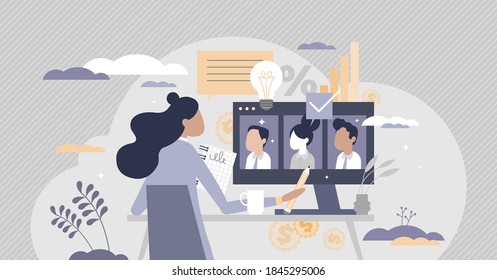 Video Call Meeting Female As Distant Business Communication Tiny Person Concept. Videocall With Woman Host As Boss Talking About Job Management And Sharing Results Information Vector Illustration.