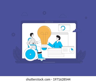 Video call meeting. Friends online meeting. Digital inclusion communication. Colleagues talking to each other on computer screen. Vector illustration.