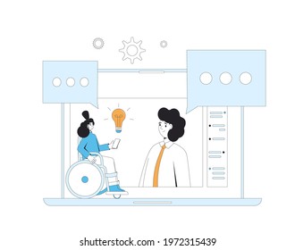 Video call meeting. Friends online meeting. Digital inclusion communication. Colleagues talking to each other on computer screen. Vector illustration.