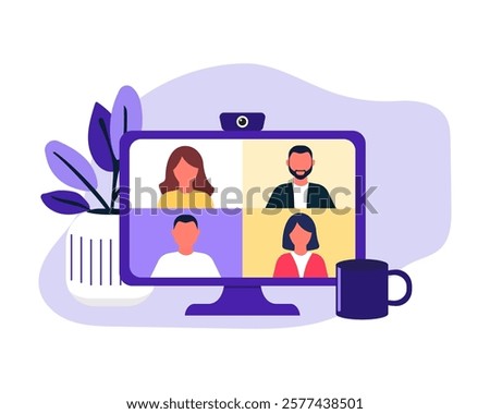 Video Call meeting on a computer screen - vector illustration. Participants in online conference.
