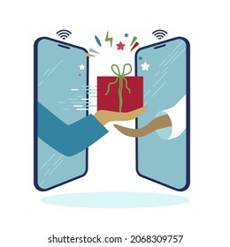 Video call, concepto de mensaje. Regalo de la pantalla del teléfono. Sorpresa, advertencia, entrega. Celebración en línea o a distancia. Diseño de boceto plano vectorial
