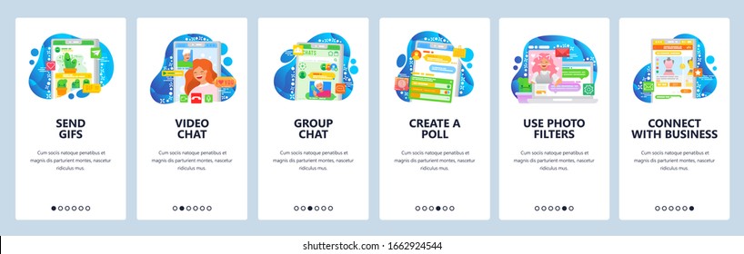 Video call and messaging mobile phone app. Send GIF, messages, stickers. Group online chat. Onboarding screens. Vector banner template for website mobile development. Website design illustration