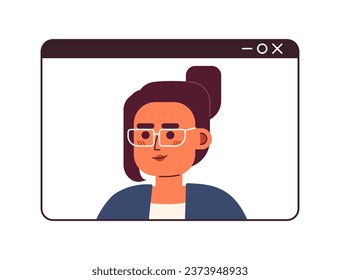 Video call middle eastern woman eyeglasses 2D cartoon character. Webinar screen arab female isolated vector person white background. Millennial worker. Videoconference color flat spot illustration