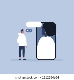Video call. Millennials. Modern technologies. Digital communication. Dialog between two characters. Flat editable vector illustration, clip art