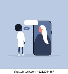 Video call. Millennials. Modern technologies. Digital communication. Dialog between two characters. Flat editable vector illustration, clip art