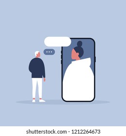 Video call. Millennials. Modern technologies. Digital communication. Dialog between two characters. Flat editable vector illustration, clip art