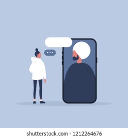 Video call. Millennials. Modern technologies. Digital communication. Dialog between two characters. Flat editable vector illustration, clip art