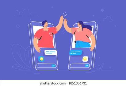 Video Call Or Mobile Chat Conversation. Concept Vector Illustration Of Two Friends Giving A High-five On Smartphones In The Chat Messenger. Online Conference And Distance Communications For People 