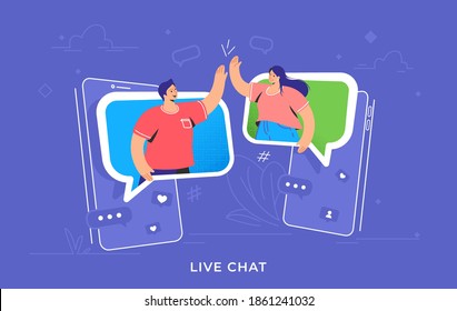 Video call or mobile chat conversation. Concept vector illustration of two friends giving a high-five on smartphones in speech bubbles. Online conference and distance communications for people 