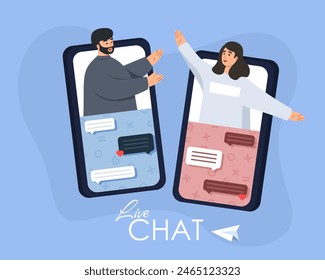 Video call or mobile chat conversation. Social networks and instant messengers. People chatting online together. Online video chat application. Online friendship. Relationship on Dating App.