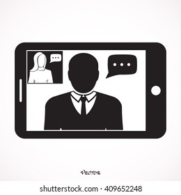 video call, mobile meeting, online video chat. Online conference smart phone icon. Man Having Video Chat with Woman.