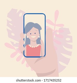 Video Call With Mom Hand Holding Phone Vector Flat Illustration 