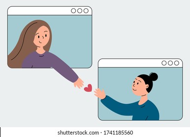 Video Call Mother With Daughter Online/ Two Girlfriends Conversation On Zoom, Love And Support Through Distance, Vector Flat Illustration EPS