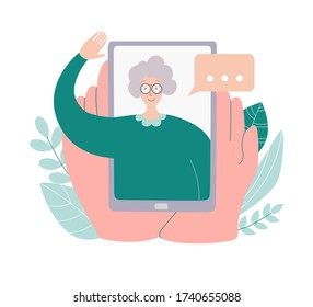 Video call with mother. Person holds a phone in hands and see his mom on the screen. Online communication during social distancing and self isolation. People communicating on Internet. 