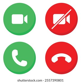 Video call and mute icons button set with answer and reject phone call icon button green and red color with shadow. Collection of buttons for the phone call user isolated. Vector illustration.