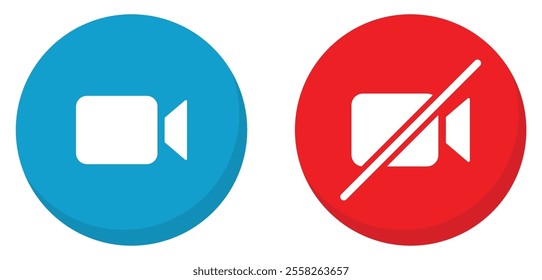 Video call and mute vector icon set. Mute video call icons button set in blue and red color with shadow. On and off video call icons buttons isolated. Flat design. Vector illustration.