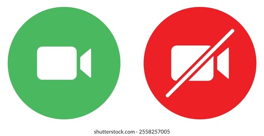 Video call and mute vector icons set. Mute video call icons button set with red color. On and off video call icons button red and green color isolated. Flat design. Vector illustration.