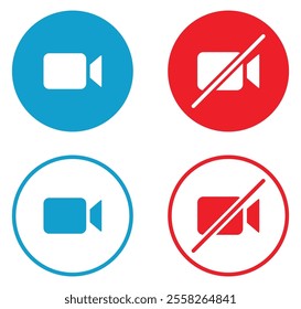 Video call and mute vector icons set in flat and outline design. Mute video call icons button set with blue and red color. On and off video call icons buttons isolated. Vector illustration.