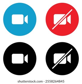 Video call and mute vector icons set. Mute video call icons button set with black, blue and red color. On and off video call icons buttons isolated. Vector illustration.