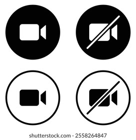 Video call and mute vector icons set in flat and outline design. Mute video call icons button set with black color. On and off video call icons buttons isolated. Vector illustration.