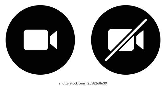 Video call and mute vector icons set. Mute video call icons button set with black color. On and off video call icons buttons isolated. Flat design. Vector illustration.