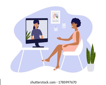 Video call, networking or conference with business partner. Online course, studying or education. Hiring, job interview, employment. Women talk by computer. Home office, work place vector illustration