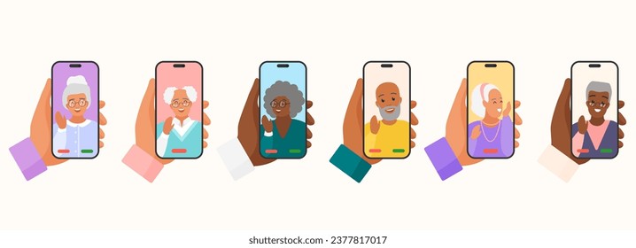 Video call to old grandparents, virtual conference set vector illustration. Cartoon isolated hands holding phone to talk to elderly grandfather and grandmother, woman and man on screen wave and say hi