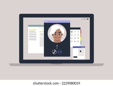 A video call from older parent or supervisor, a laptop screen with program windows overlapping