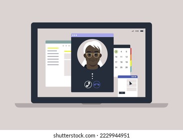 A video call from older parent or supervisor, a laptop screen with program windows overlapping