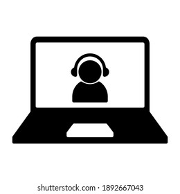 Video call on laptop icon in modern silhouette style design. Vector illustration isolated on white background.