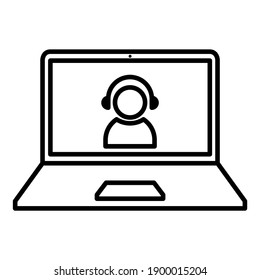 Video call on laptop icon in modern outline style design. Vector illustration isolated on white background.