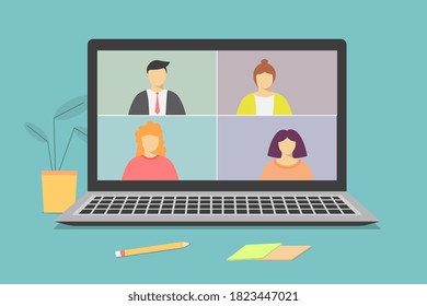 Video call on the notebook screen with people. Business call. Negotiations .