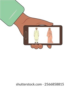 Video call on the phone. Arab man and woman. Color illustration.