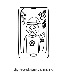 Video call on the phone, on the screen of the gadget image of a girl in a festive hat and winter sweater with Christmas tree branches. Outline, sketch, Doodle to illustrate a distant greeting.