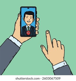 Video call on the phone screen. Hand holds the phone with a video call. On the phone screen is a businessman and an icon to turn off the call. Hand drawn vector graphics