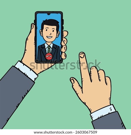 Video call on the phone screen. Hand holds the phone with a video call. On the phone screen is a businessman and an icon to turn off the call. Hand drawn vector graphics