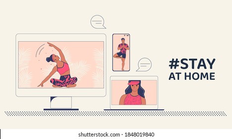 Video call on smartphone, computer and laptop. The concept of doing sports and yoga online. Stay at home. Flat vector illustration