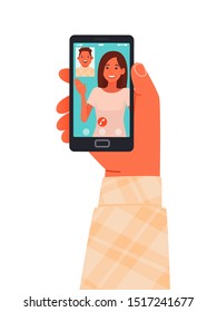 Video call on a smartphone. Friends communicate online using the phone. People and gadgets. Vector illustration in a flat style