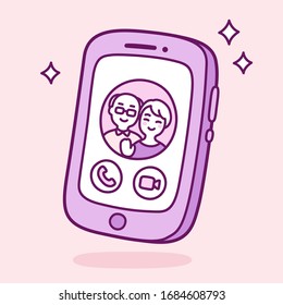 Video call on smartphone with grandparents or aging parents. Cartoon elderly couple on mobile phone screen. Simple kawaii style vector illustration.