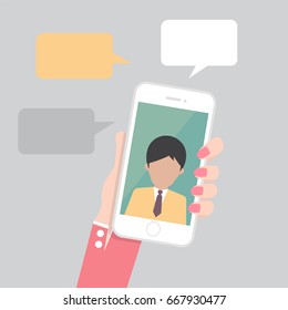 Video call on smartphone. Hand holding smart phone, creative flat design vector illustration