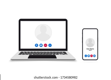 Video call on smartphone and laptop. Remote working. Video Call screen template. Interface for social communication app. Video conference. Mockup Video Conferencing and online meeting workspace