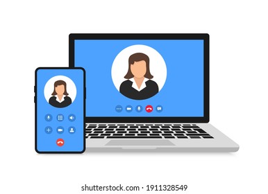 Video call on smartphone and laptop. Online call. Video conference. Interface for social communication app. Online meetings. Vector illustration. 10 EPS