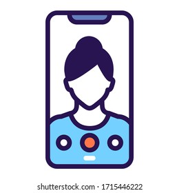 Llamada de video en el icono de la línea de color de la pantalla del smartphone. Ventana del jugador con elemento mujer sin rostro. Comunicación virtual.El ocio en casa. 
