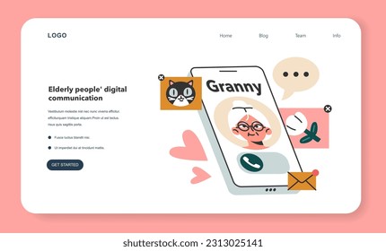 Llamada de video en el banner o página de inicio de la pantalla del smartphone. La abuela está llamando. Mujeres mayores de edad usan con confianza un teléfono y medios sociales para comunicarse. Ilustración vectorial plana