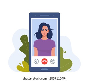 Video call on smartphone. Young woman on smartphone screen with connection icons. Communication online using the phone. Talking through video call. Chatting online. Vector illustration
